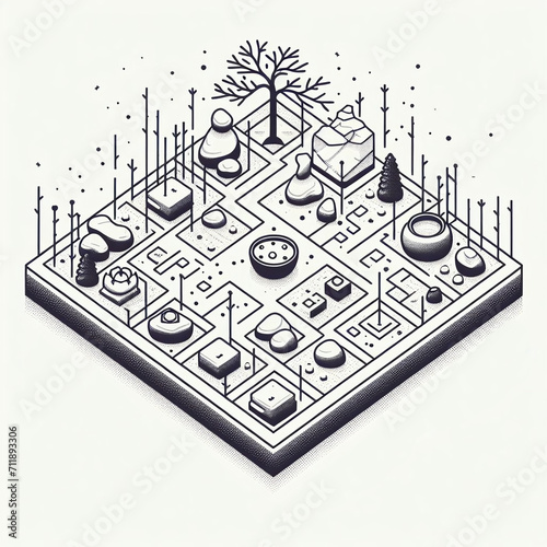 Monochrome isometric illustration of a winter garden with trees, paths, and geometric shapes