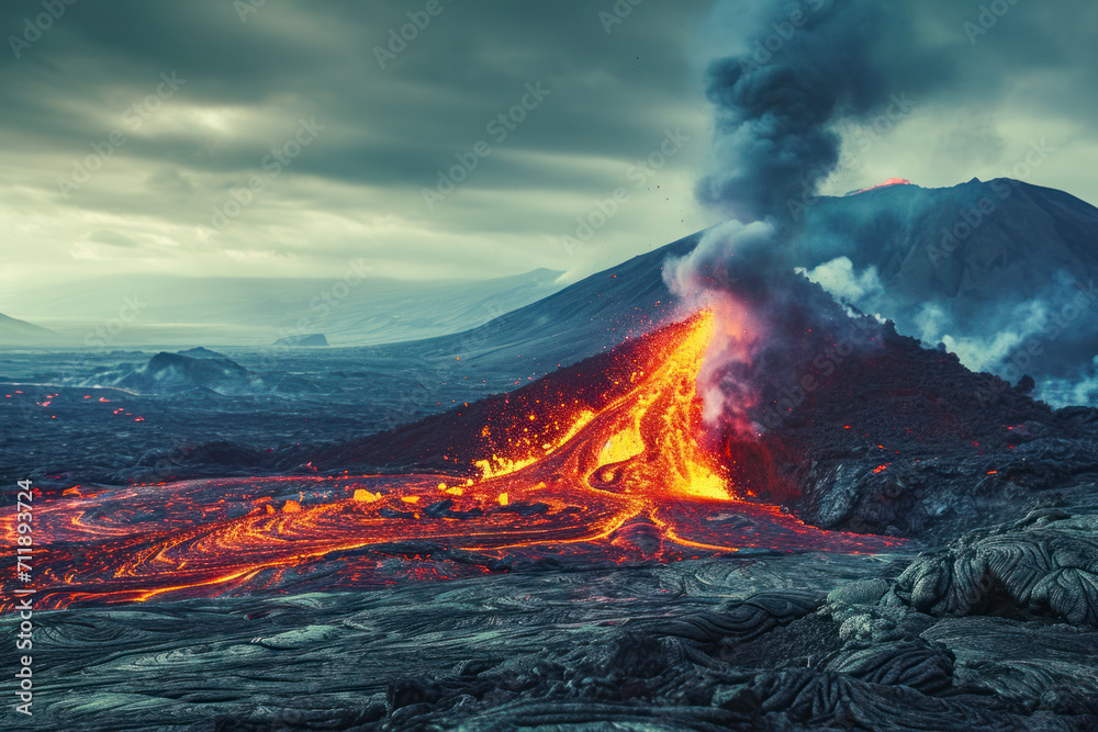 Volcanic eruption impact, a powerful image showcasing the impact of a volcanic eruption with flowing lava.