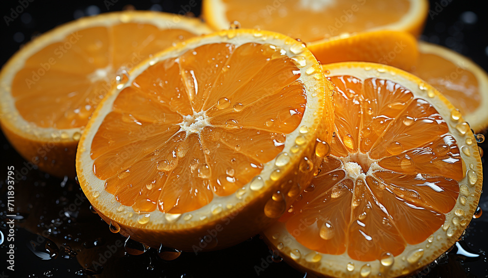 Freshness of citrus fruit, slice of ripe orange, healthy eating generated by AI Freshness of citrus fruit, slice of ripe orange, healthy eating generated by AI