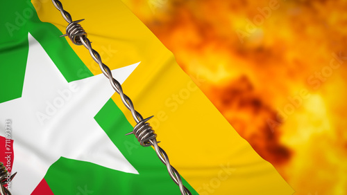 The Myanmar flag and barb 3d rendering.