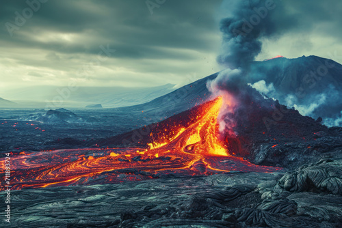Volcanic eruption impact, a powerful image showcasing the impact of a volcanic eruption with flowing lava. © Hunman