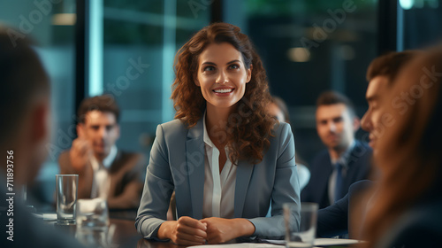 an image of a woman confidently leading a corporate meeting, showcasing leadership in the business environment
