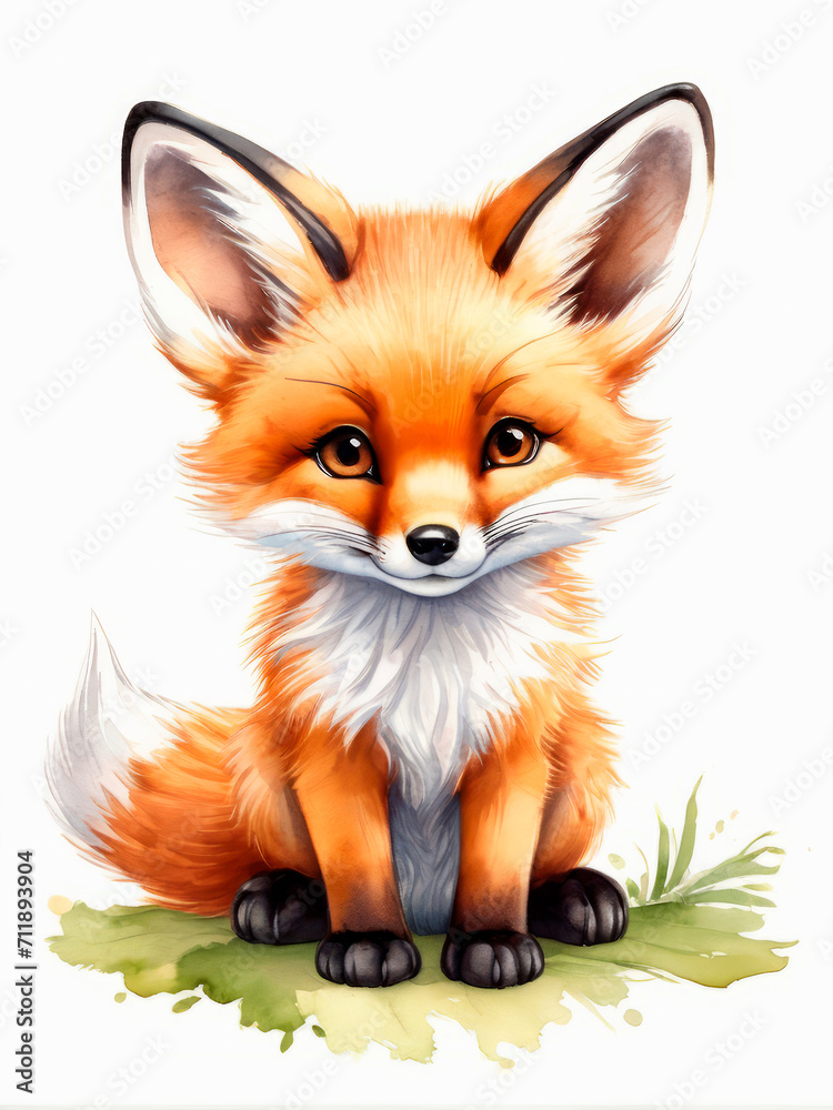 Cute red fox cub, illustration in watercolor style