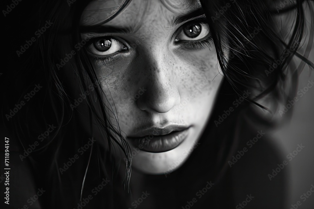 A somber woman's closeup portrait captures the depth of her emotions through the intricate details of her human face - from her furrowed eyebrows and delicate eyelashes to her pensive lips and flawle A somber woman's closeup portrait captures the depth of her emotions through the intricate details of her human face - from her furrowed eyebrows and delicate eyelashes to her pensive lips and flawle