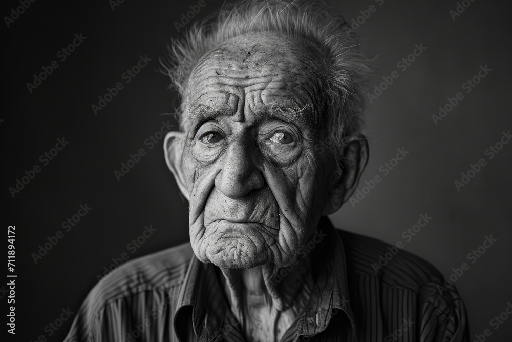 An aged man stands against a monochrome wall, his wrinkled face a portrait of a life well-lived, each line on his skin a testament to the passing of time and the depth of his experiences