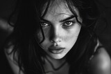 Mesmerized by her striking monochrome portrait, a woman gazes into the camera, her captivating eyes and defined features captured in stunning detail
