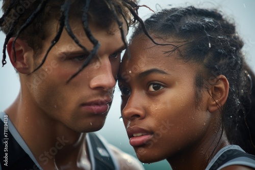 Close-up of a male and female athlete, determination in their eyes.