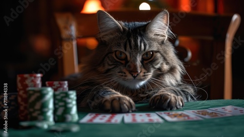 A curious domestic cat with twitching whiskers sits atop a table surrounded by scattered playing cards, displaying the grace and cunning of its felidae ancestors