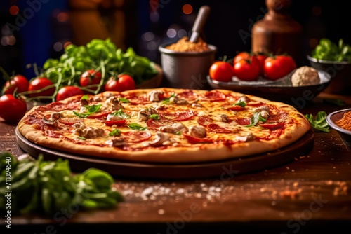 Indulge in a rustic style delight with a pizza adorned with olives and savory meat, presented on a table. A flavorful and visually appealing culinary experience.