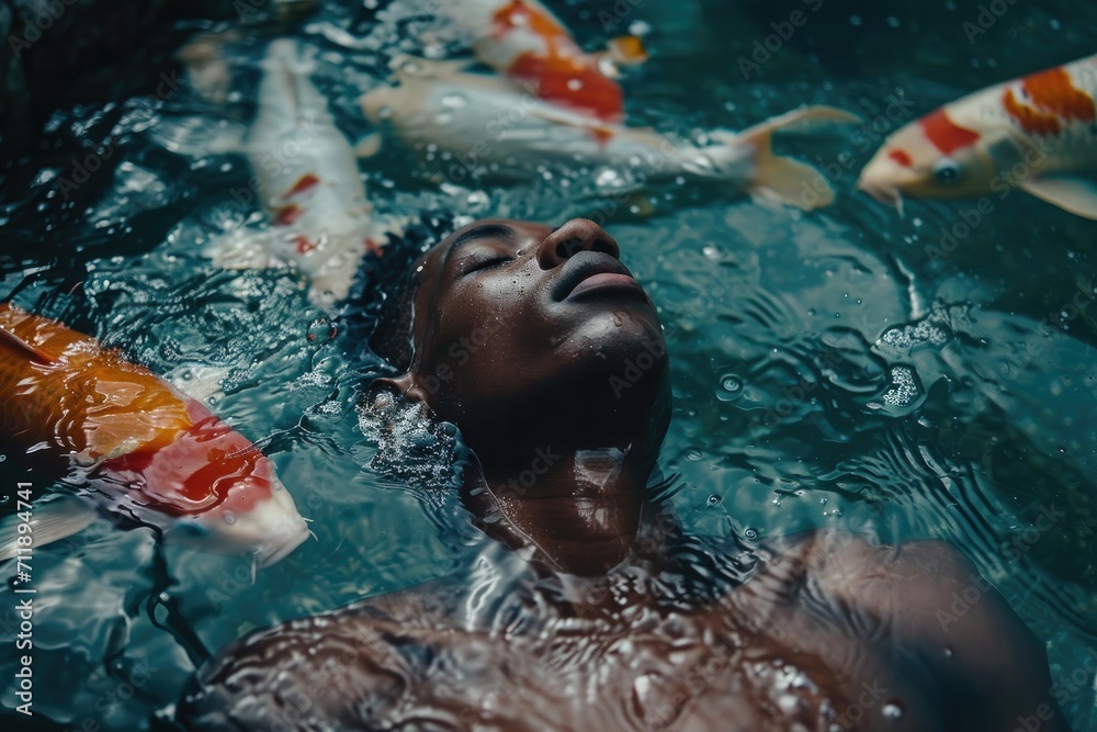A lone swimmer becomes one with the underwater world, surrounded by schools of shimmering fish in the tranquil depths of the ocean A lone swimmer becomes one with the underwater world, surrounded by schools of shimmering fish in the tranquil depths of the ocean