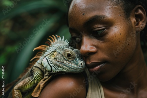 A woman confidently embraces her scaled reptile companion  basking in the warm outdoor sunlight  as they both exude a sense of tranquil harmony and wild wonder