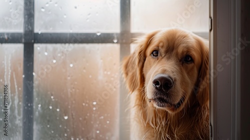 Golden retriever dog looking out the window