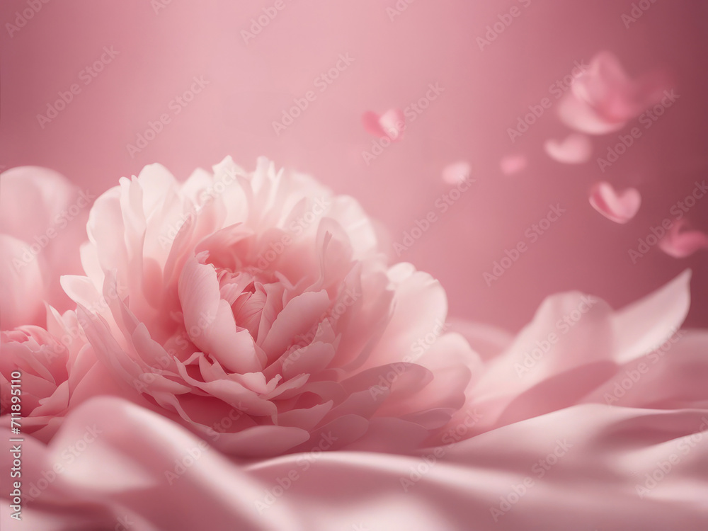 delicate festive light pink peonies on silk background, selective focus