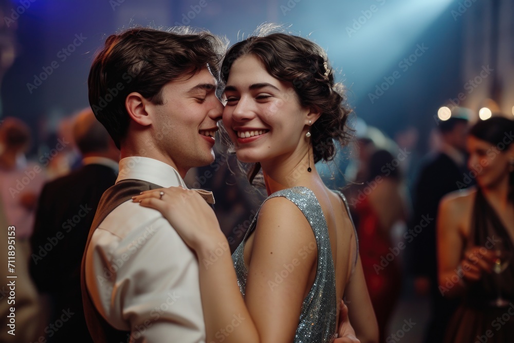 Couple sharing a close dance with smiles, surrounded by partygoers. Couple sharing a close dance with smiles, surrounded by partygoers.