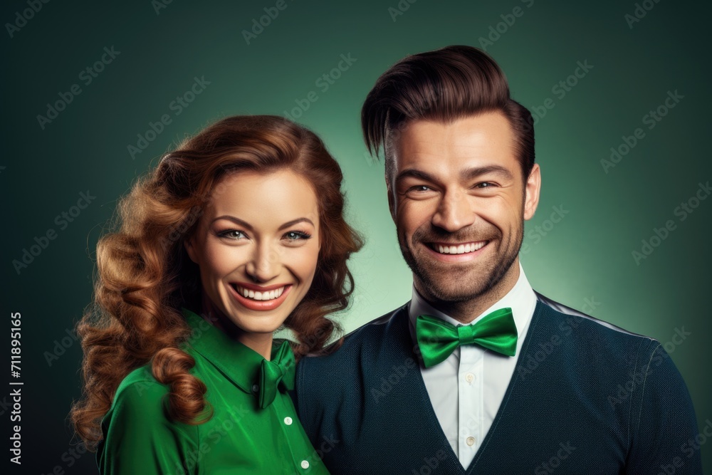 Stylish couple laughing together, dressed in coordinated green outfits. Stylish couple laughing together, dressed in coordinated green outfits.