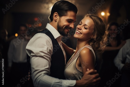 Elegant duo in formal wear enjoying a romantic moment at a dance.