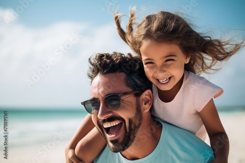 Father and daughter laughing and smiling on the beach