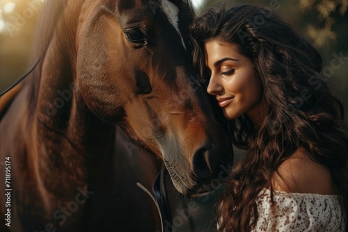 A woman stands with her eyes closed, her long brown hair flowing in the wind as she connects with the majestic horse before her, both human and animal at peace in the outdoors