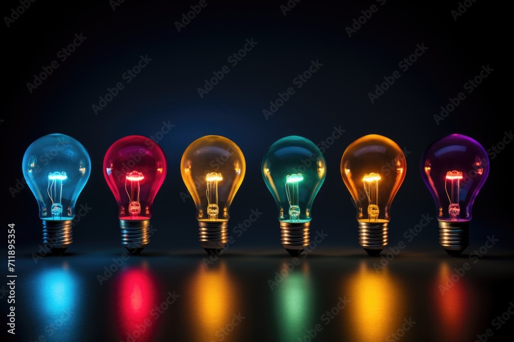 Spectrum of light: Various colored bulbs casting vibrant reflections. Spectrum of light: Various colored bulbs casting vibrant reflections.