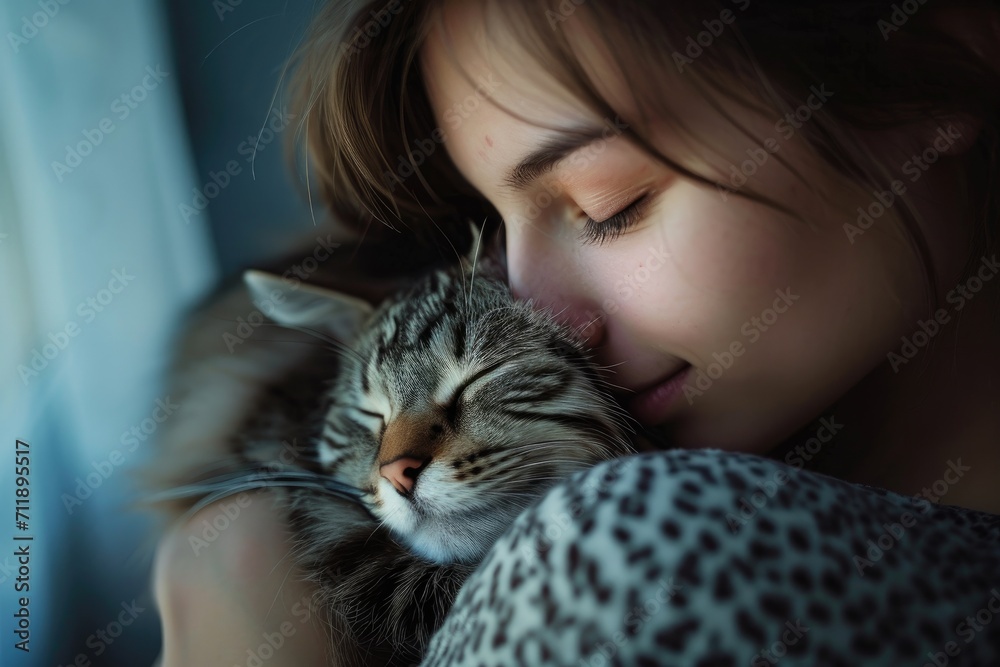 A serene woman gazes lovingly at her domestic cat, their skin and whiskers entwined in a tender portrait of felidae affection A serene woman gazes lovingly at her domestic cat, their skin and whiskers entwined in a tender portrait of felidae affection