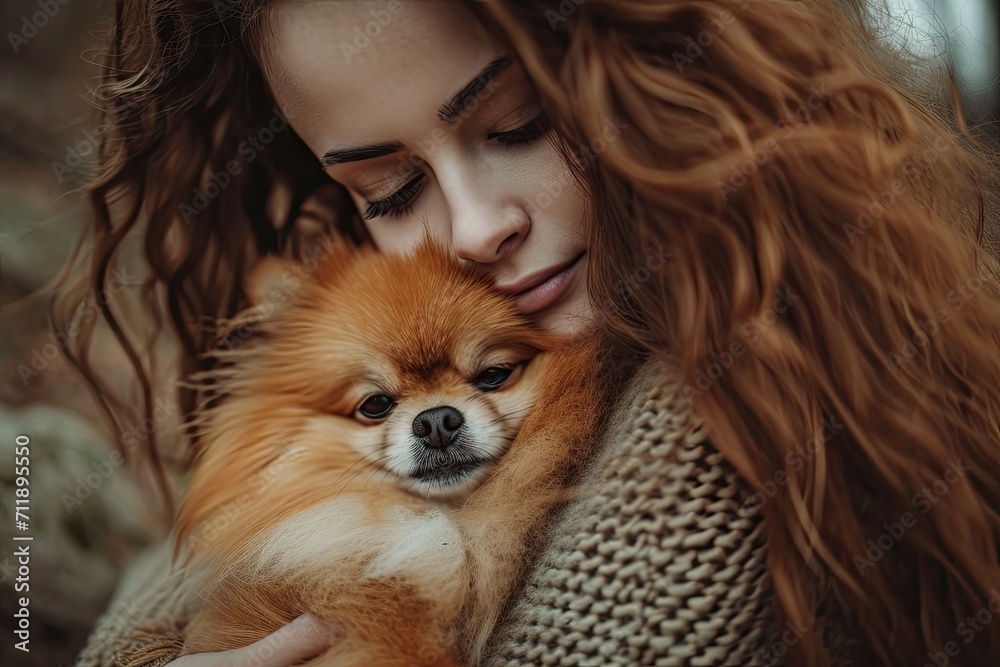 A stylish woman lovingly cradles her fluffy pomeranian, creating a heartwarming indoor scene filled with the warmth of a devoted pet owner A stylish woman lovingly cradles her fluffy pomeranian, creating a heartwarming indoor scene filled with the warmth of a devoted pet owner