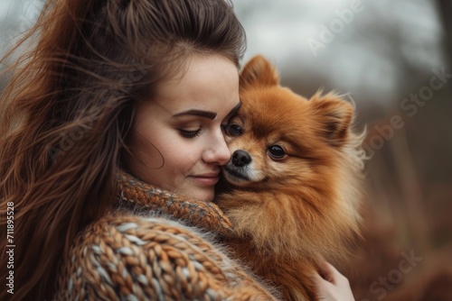 A stylish woman lovingly cradles her fluffy brown pomeranian as they enjoy the great outdoors together © AiAgency