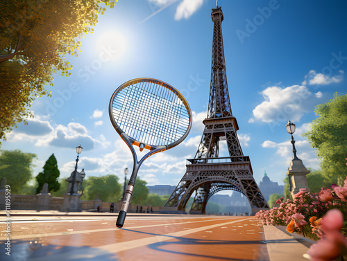 Badminton racket. Illustration with the Tower in the background in Paris. Badminton. Olympic Games 2024. © Daniel
