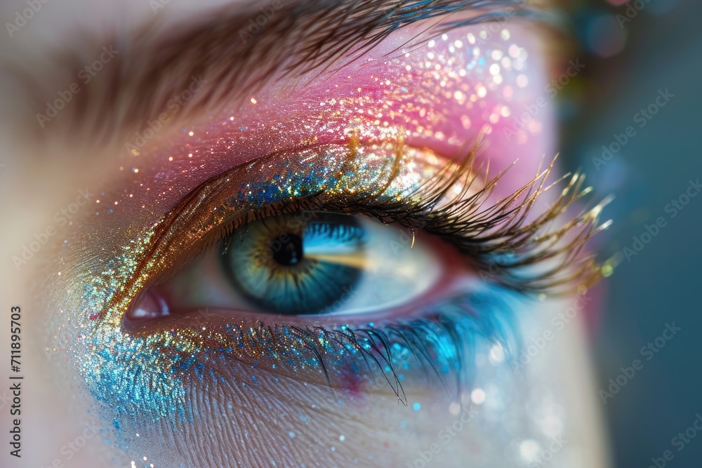An artistically composed closeup of a caucasian woman's eye, highlighting the meticulous makeup work and the colorful world of cosmetics