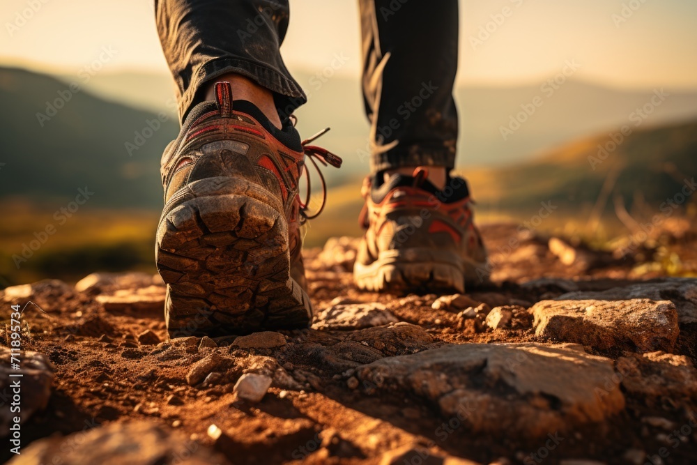 A hiker's sturdy boots traversing a rocky mountain trail, embodying the active and adventurous outdoor lifestyle A hiker's sturdy boots traversing a rocky mountain trail, embodying the active and adventurous outdoor lifestyle