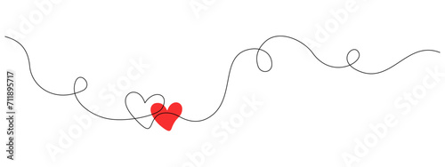 One continuous drawing of two hearts with red color love sign. Thin flourish ribbon and romantic symbol in simple linear style. Editable stroke. Doodle contour vector illustration