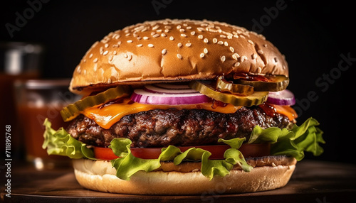 Grilled beef burger with cheese, onion, tomato on sesame bun generated by AI photo