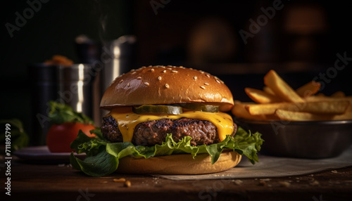 Grilled gourmet burger with cheese, tomato, and French fries generated by AI
