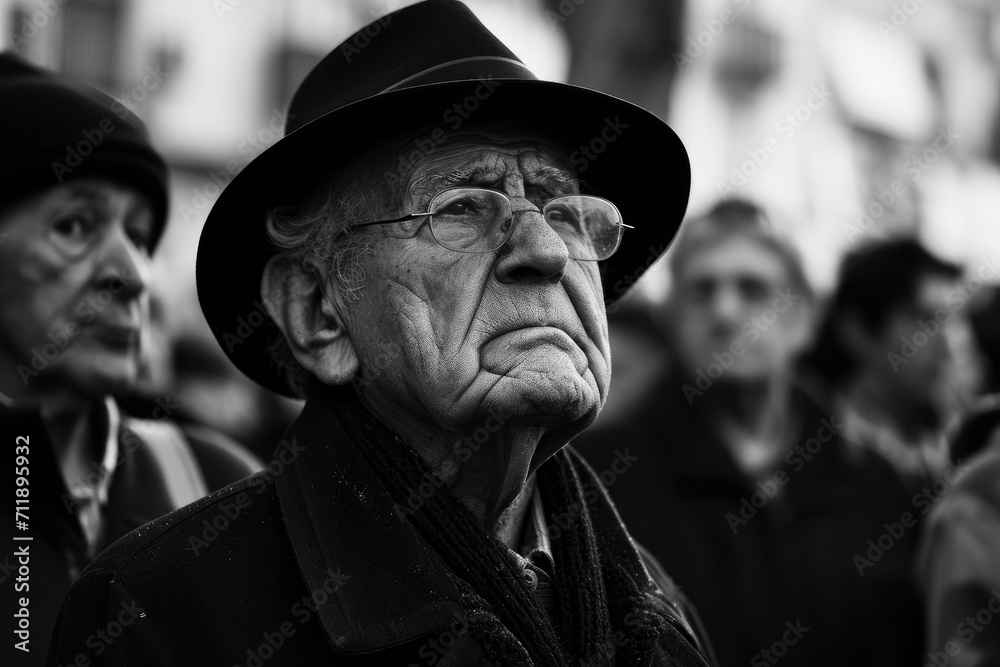 An elderly gentleman exudes timeless style and wisdom as he strolls down the street, his fedora and glasses adding a touch of sophistication to his well-worn face and distinguished moustache An elderly gentleman exudes timeless style and wisdom as he strolls down the street, his fedora and glasses adding a touch of sophistication to his well-worn face and distinguished moustache