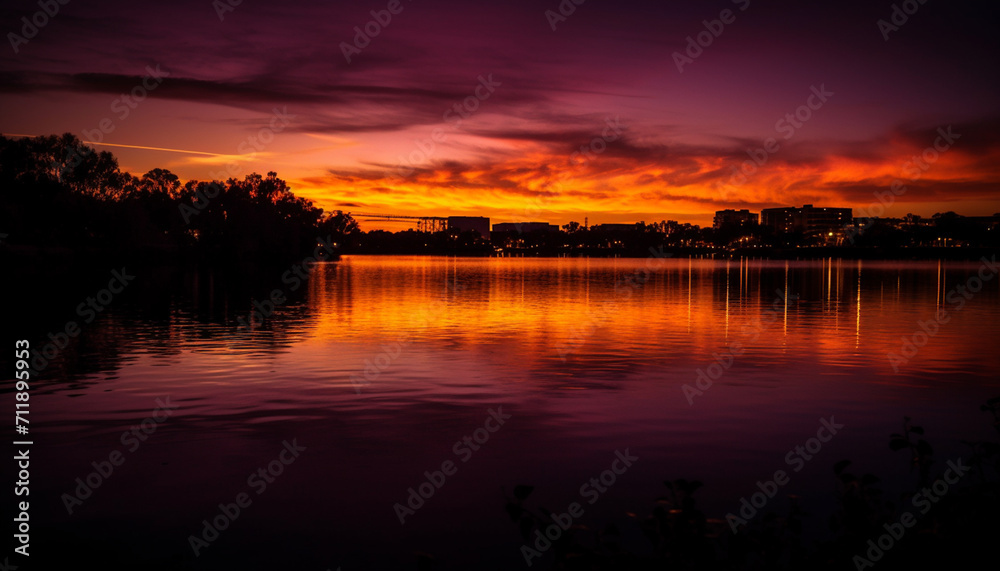 Sunset over tranquil water, reflecting the beauty of nature generated by AI