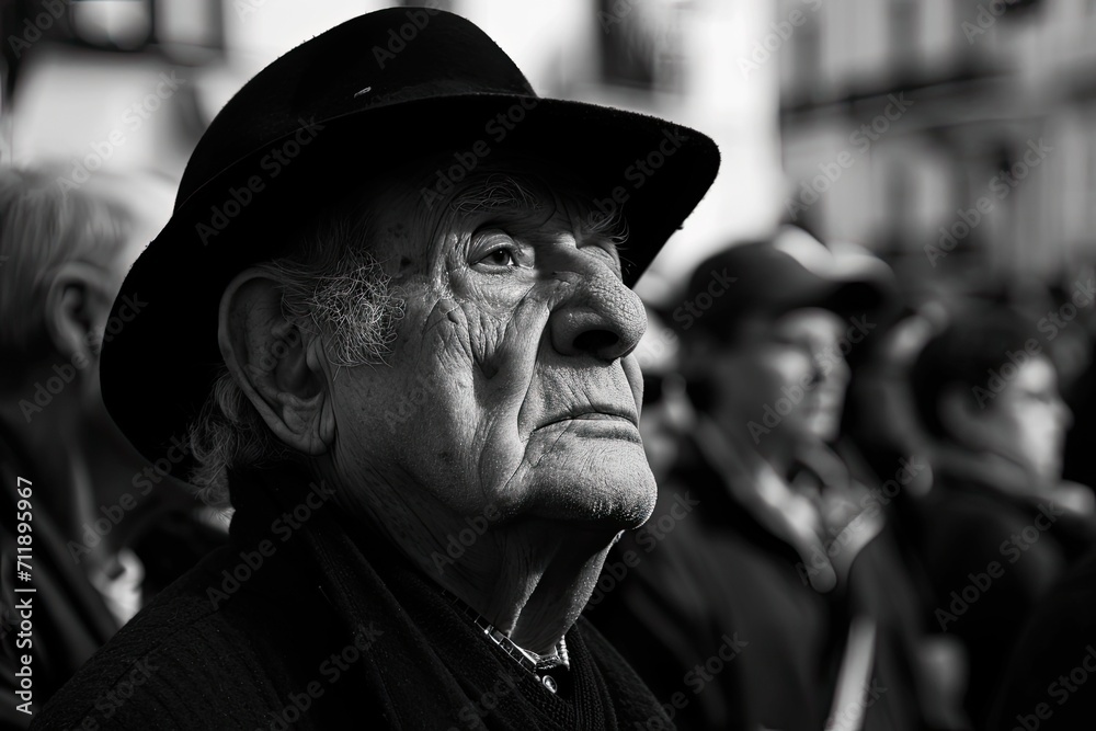 An elegant man, adorned with a monochrome hat and a distinguished moustache, stands proudly on the street, showcasing his timeless fashion sense and a life well-lived through his weathered face An elegant man, adorned with a monochrome hat and a distinguished moustache, stands proudly on the street, showcasing his timeless fashion sense and a life well-lived through his weathered face