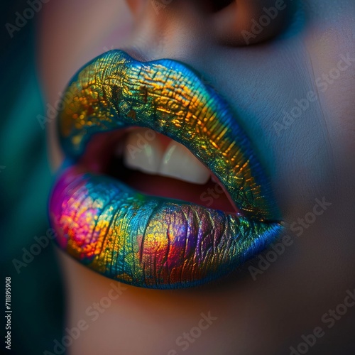 Glittery multicolored lipstick close up. 