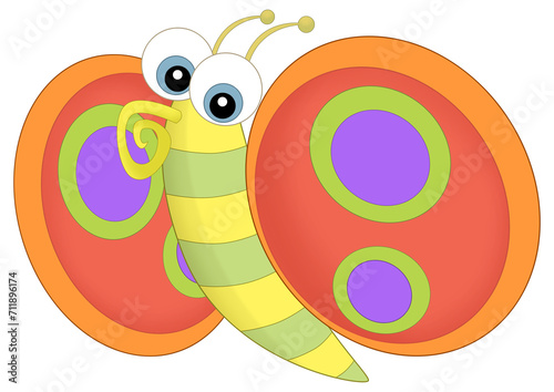 Cartoon happy animal insect butterfly flying and looking isolated illustration for children