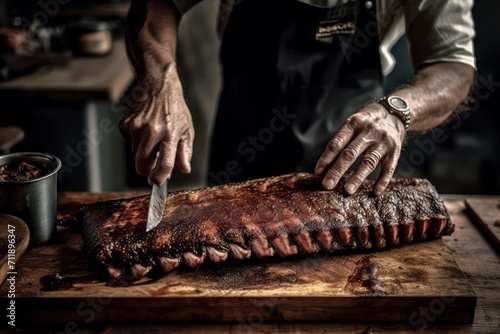 chef holding ribs, grilled meat on the grill, meat on the barbecue, meat on the grill, barbecue on the grill
