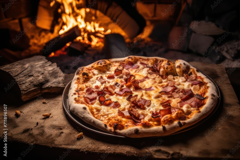 pizza in the wood oven, pizza on a wooden board