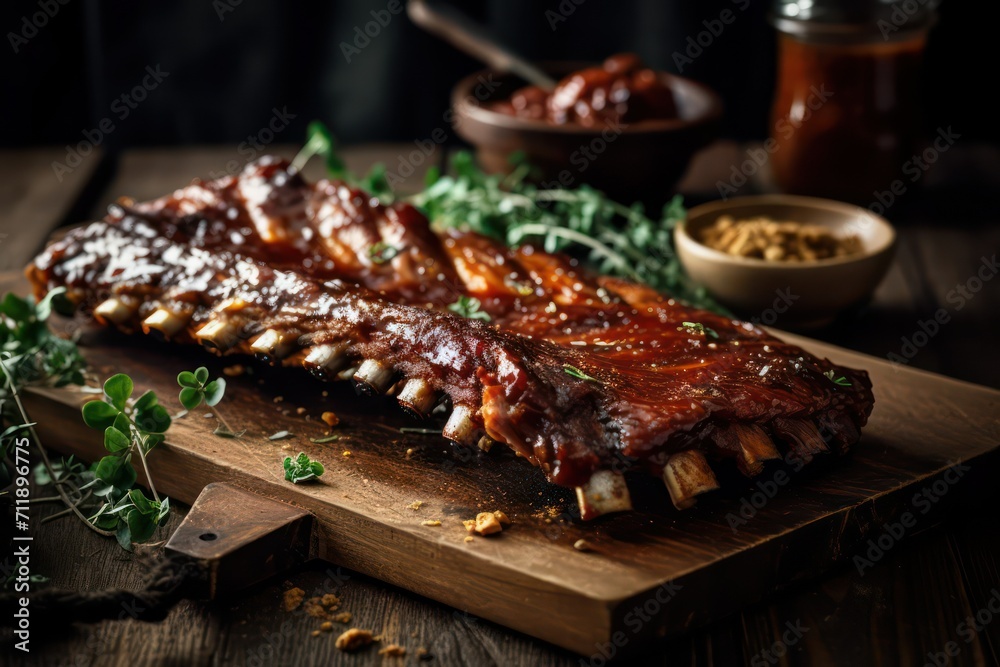 grilled pork ribs with sauce, grilled pork ribs on a grill bbq, berbecue - obrazy, fototapety, plakaty 