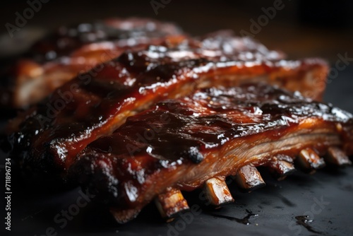 grilled pork ribs with sauce, grilled pork ribs on a grill bbq, berbecue photo