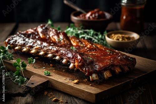 grilled pork ribs with sauce, grilled pork ribs on a grill bbq, berbecue photo
