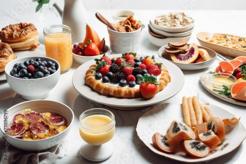 breakfast with coffee, orange juice, croissant, pie, cake and fruits