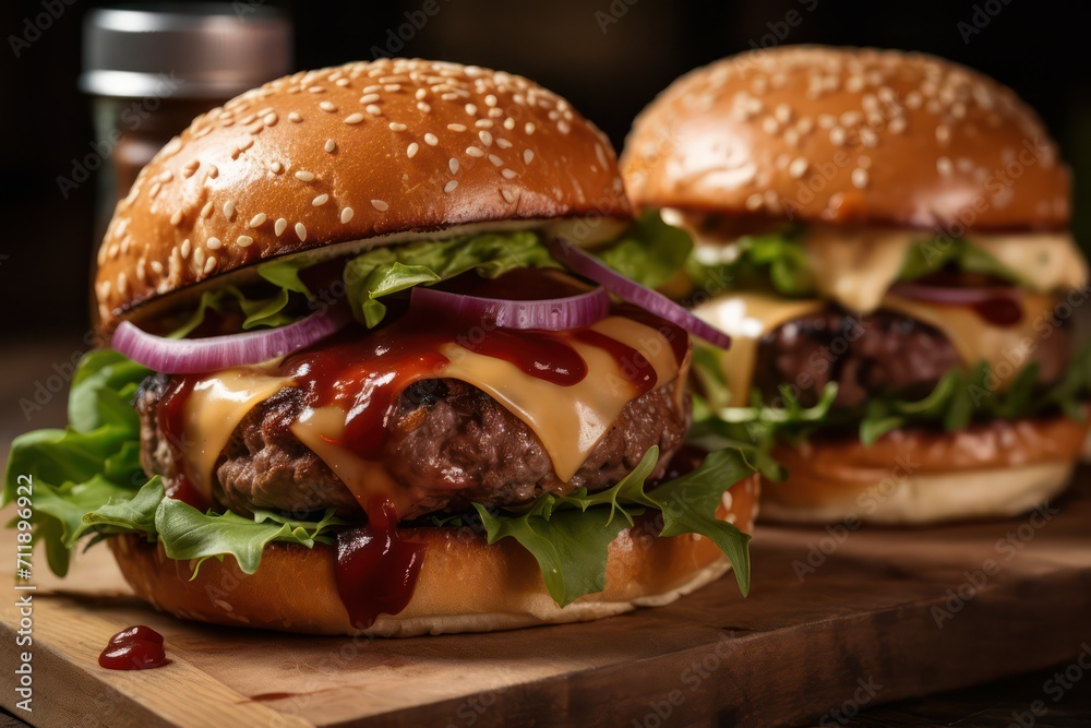 hamburger, hamburger on a plate, hamburger on a wooden table hamburger, hamburger on a plate, hamburger on a wooden table