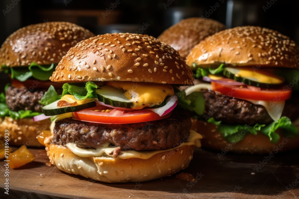 hamburger, hamburger on a plate, hamburger on a wooden table hamburger, hamburger on a plate, hamburger on a wooden table