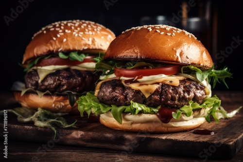 hamburger  hamburger on a plate  hamburger on a wooden table