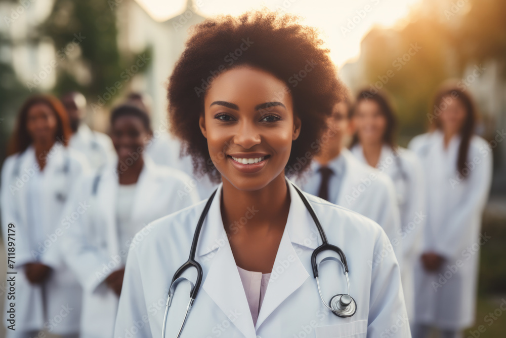 Smiling African Female Doctor with Colleagues Smiling African Female Doctor with Colleagues