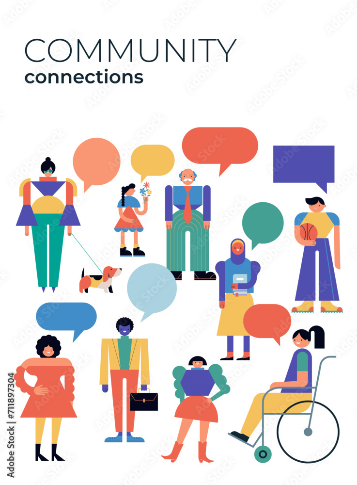 Group of people with speech bubbles, community, family or neighborhood standing together. Characters in geometric fun modern style. Colorful concept design. Group of people with speech bubbles, community, family or neighborhood standing together. Characters in geometric fun modern style. Colorful concept design.