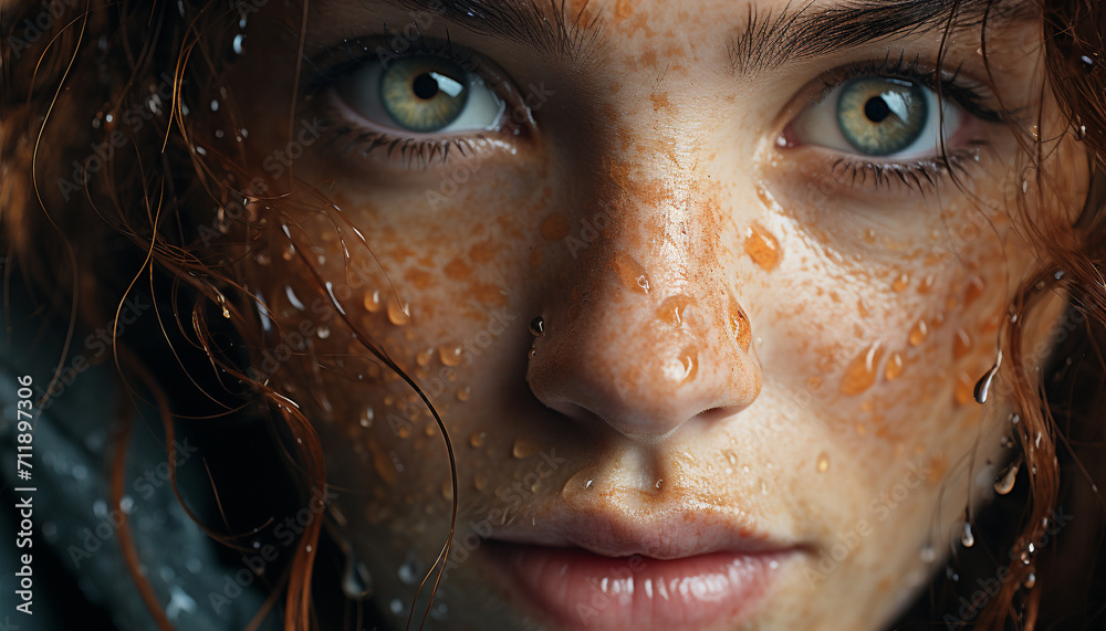 Wet child face, cute smile, innocence, blue eyes, outdoors generated by AI Wet child face, cute smile, innocence, blue eyes, outdoors generated by AI