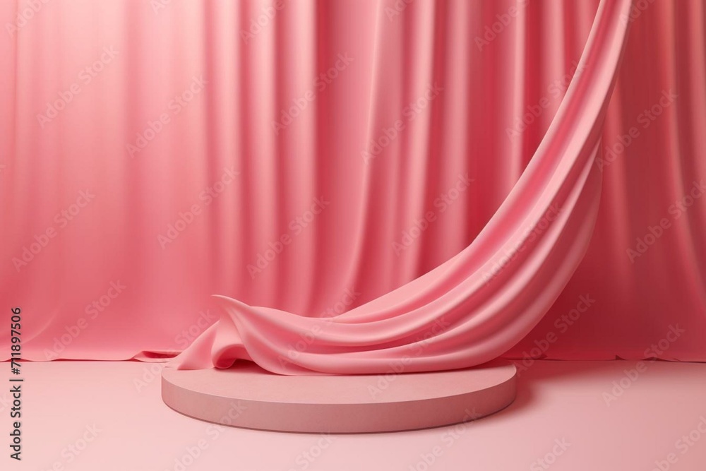 Pink background with silk podium, perfect for cosmetics presentations. Imaginative mockup for showcasing products. Generative AI